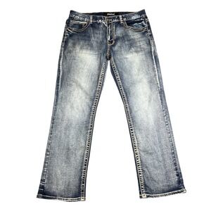True Luck Men's 36x31 Straight Leg Jeans Faded Blue Medium‎ Wash Heavy Stitching